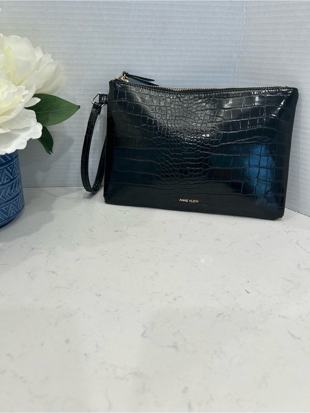 Anne Klein Black Croc-Embossed Wristlet Pouch with Gold Hardware